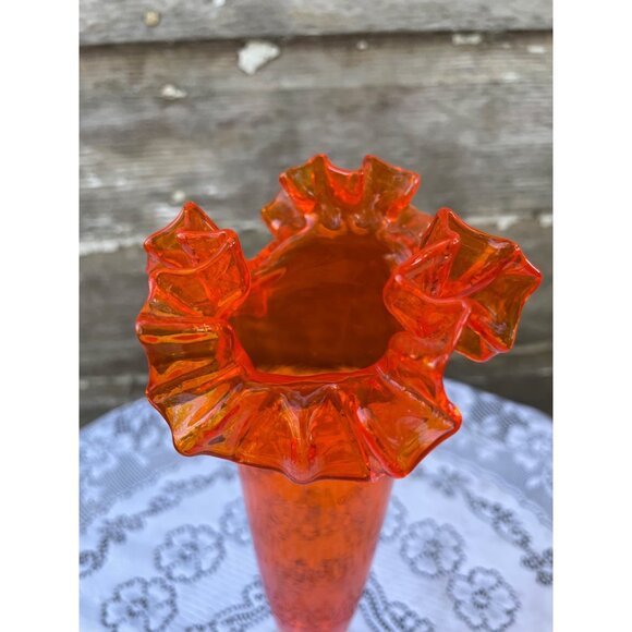 Vintage MCM Orange/Clear Ruffled Art Glass Pedestal Vase - Picture 3 of 10